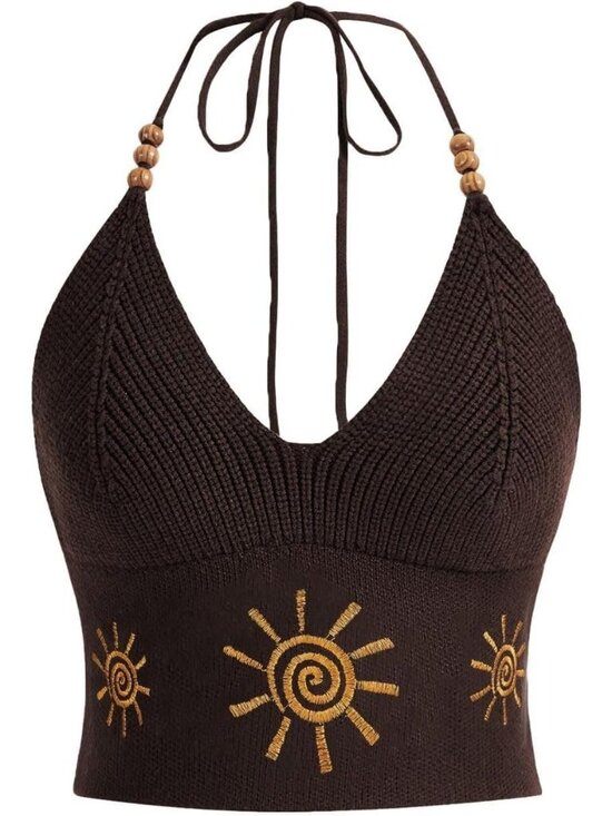 Tops - Women's Brown Embroidery Crop Top Western V-Neck Ribbed Knit Cowgirl Shirts